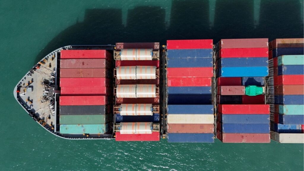 A drone view shows a cargo ship at Kwai Tsing Container Terminals in Hong Kong, China, April 16, 2025. (REUTERS/Tyrone Siu/File Photo)
