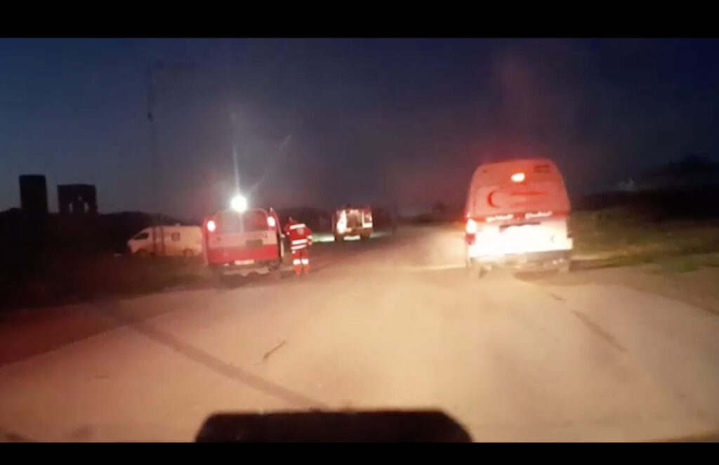 In a still image taken from video provided to The New York Times, the moment Israeli troops opened fire on a group of medics in Gaza in late March 2025. The Palestine Red Crescent Society on Monday, April 7, gave new details of the Israeli attack on its paramedics and other emergency responders in the Gaza Strip that killed at least 15 people last month, saying Israeli forces had targeted them in a “series of deliberate attacks.”