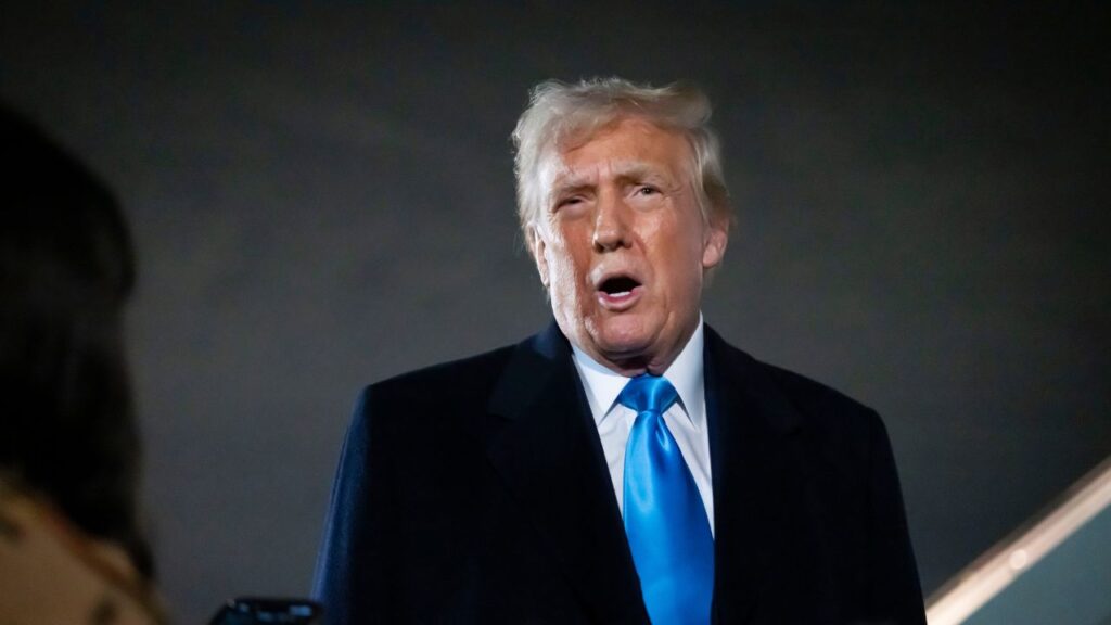 President Donald Trump speaks to reporters next to Air Force One after arriving back at Joint Base Andrews, Md., Sunday, Feb. 2, 2025. (AP/Ben Curtis)
