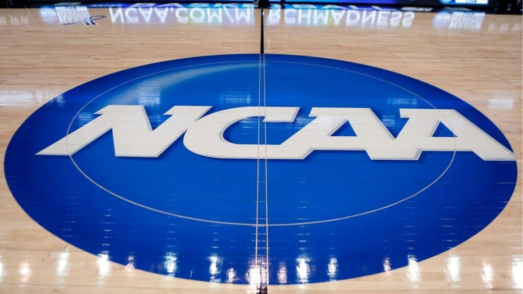 The NCAA logo is displayed at center court at The Consol Energy Center in Pittsburgh, March 18, 2015. (AP File)